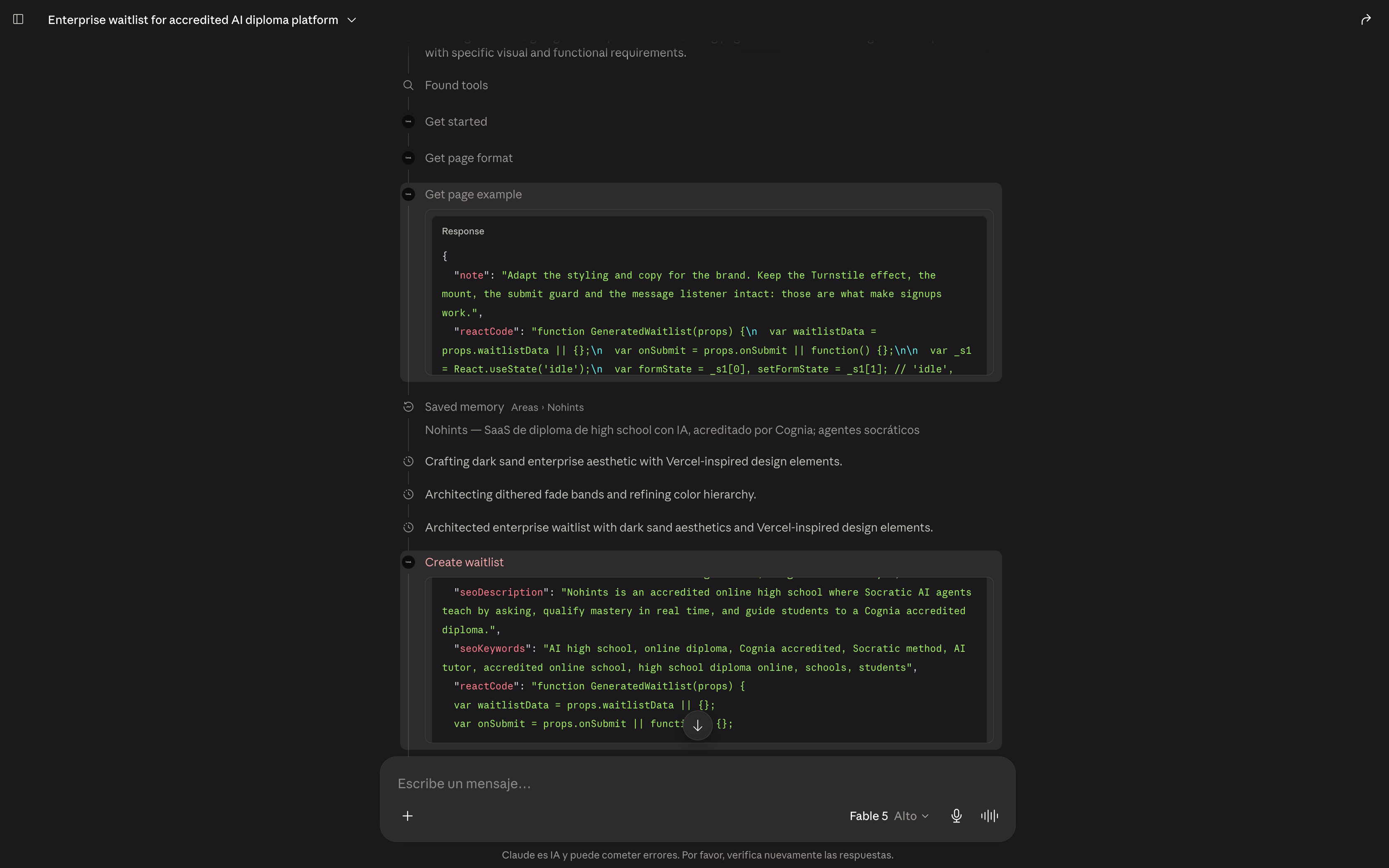 The agent writing the page and calling the UseWait MCP tools